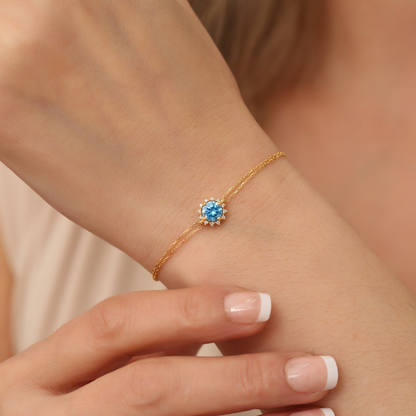 Round Aquamarine Bracelet with Real Diamond, 8K/10K/14K Solid Gold, March Birthstone