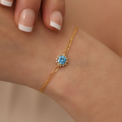 Round Aquamarine Bracelet with Real Diamond, 8K/10K/14K Solid Gold, March Birthstone