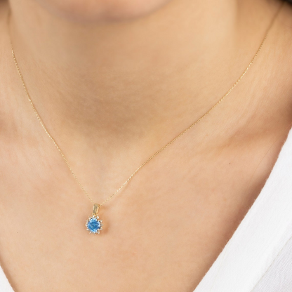 Round Aquamarine Necklace with Real Diamonds, 8K/10K/14K Solid Gold March Birthstone