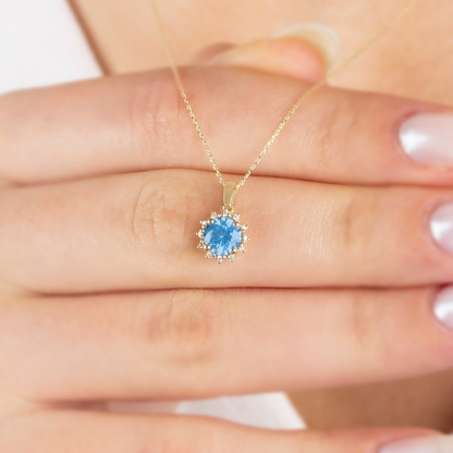 Round Aquamarine Necklace with Real Diamonds, 8K/10K/14K Solid Gold March Birthstone