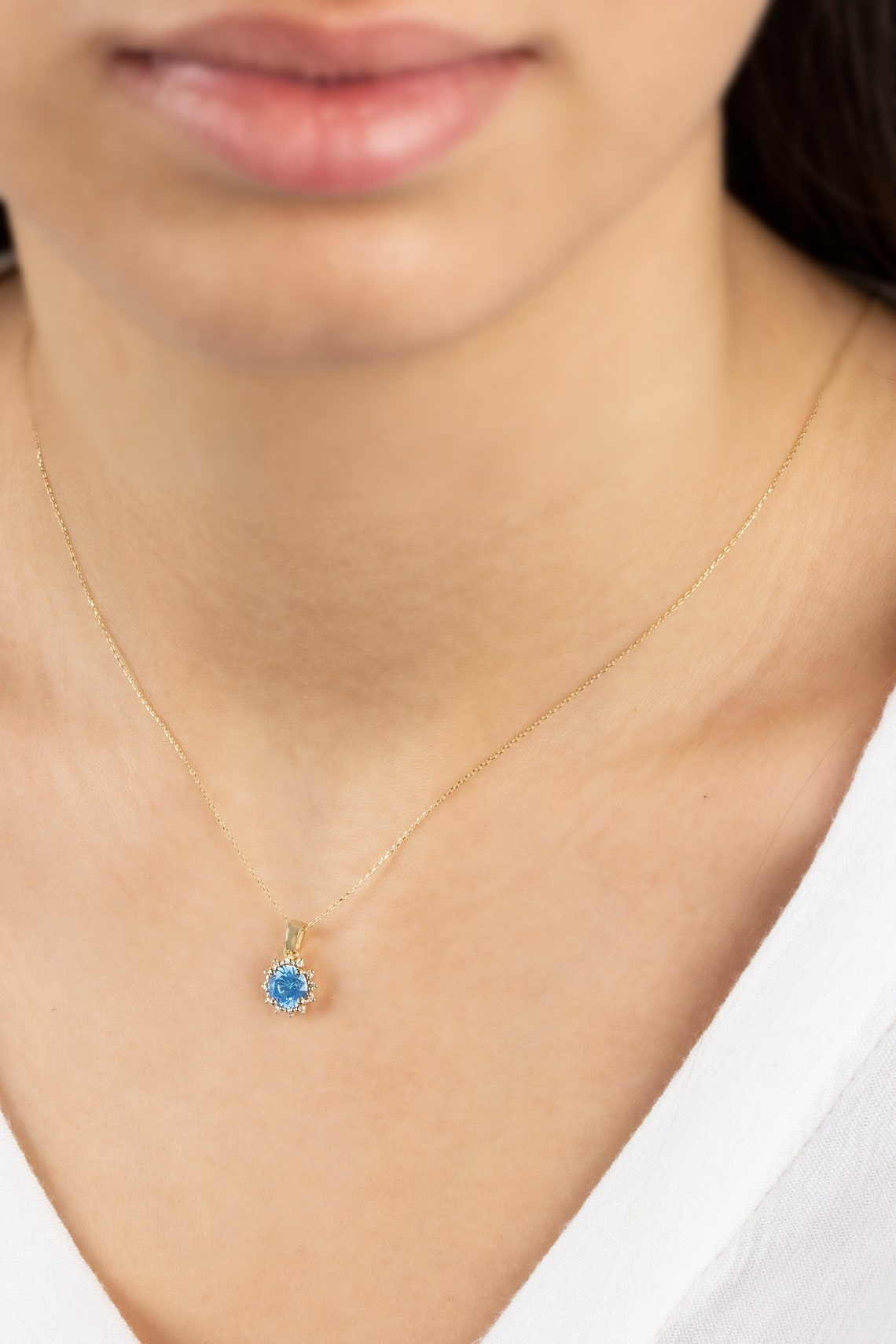 Round Aquamarine Necklace with Real Diamonds, 8K/10K/14K Solid Gold March Birthstone