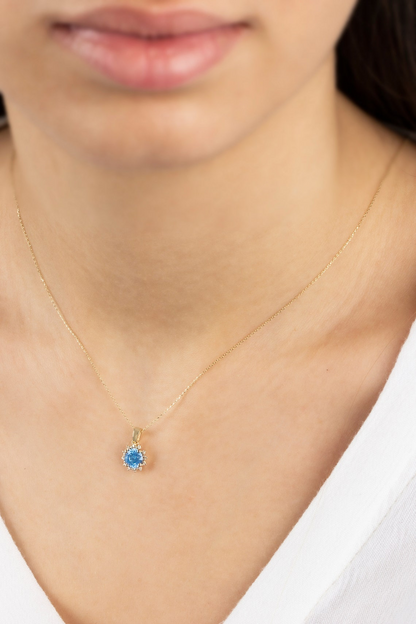 Round Aquamarine Necklace with Real Diamonds, 8K/10K/14K Solid Gold March Birthstone