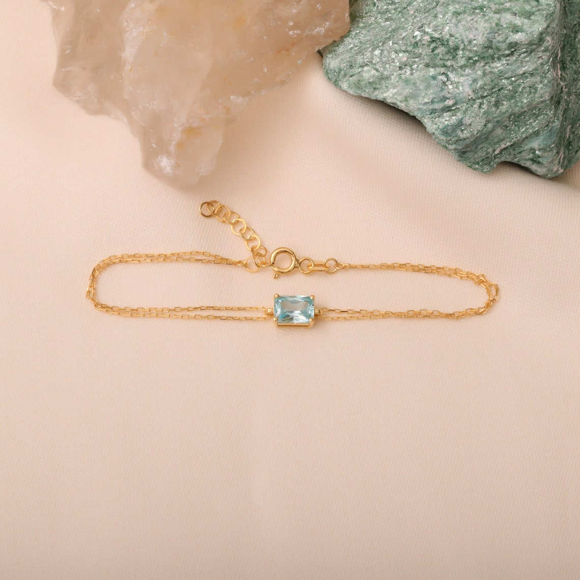 Rectangle Aquamarine Bracelet 8K/10K/14K Solid Gold, Dainty Gold Baguette March Birthstone