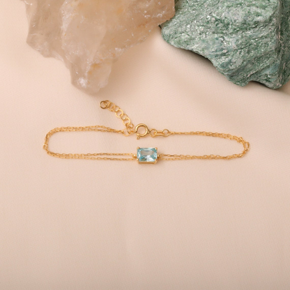 Rectangle Aquamarine Bracelet 8K/10K/14K Solid Gold, Dainty Gold Baguette March Birthstone