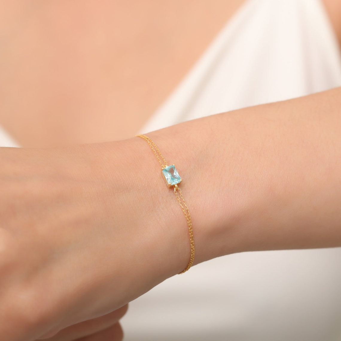 Rectangle Aquamarine Bracelet 8K/10K/14K Solid Gold, Dainty Gold Baguette March Birthstone
