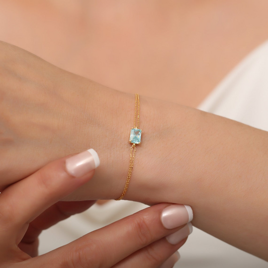 Rectangle Aquamarine Bracelet 8K/10K/14K Solid Gold, Dainty Gold Baguette March Birthstone