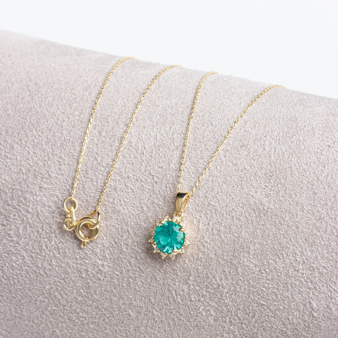 Round Aqua Green Necklace with Real Diamonds, 8K/10K/14K Solid Gold