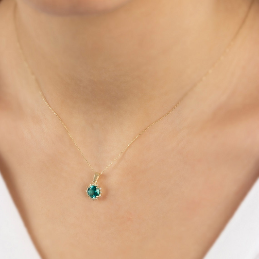 Round Aqua Green Necklace with Real Diamonds, 8K/10K/14K Solid Gold