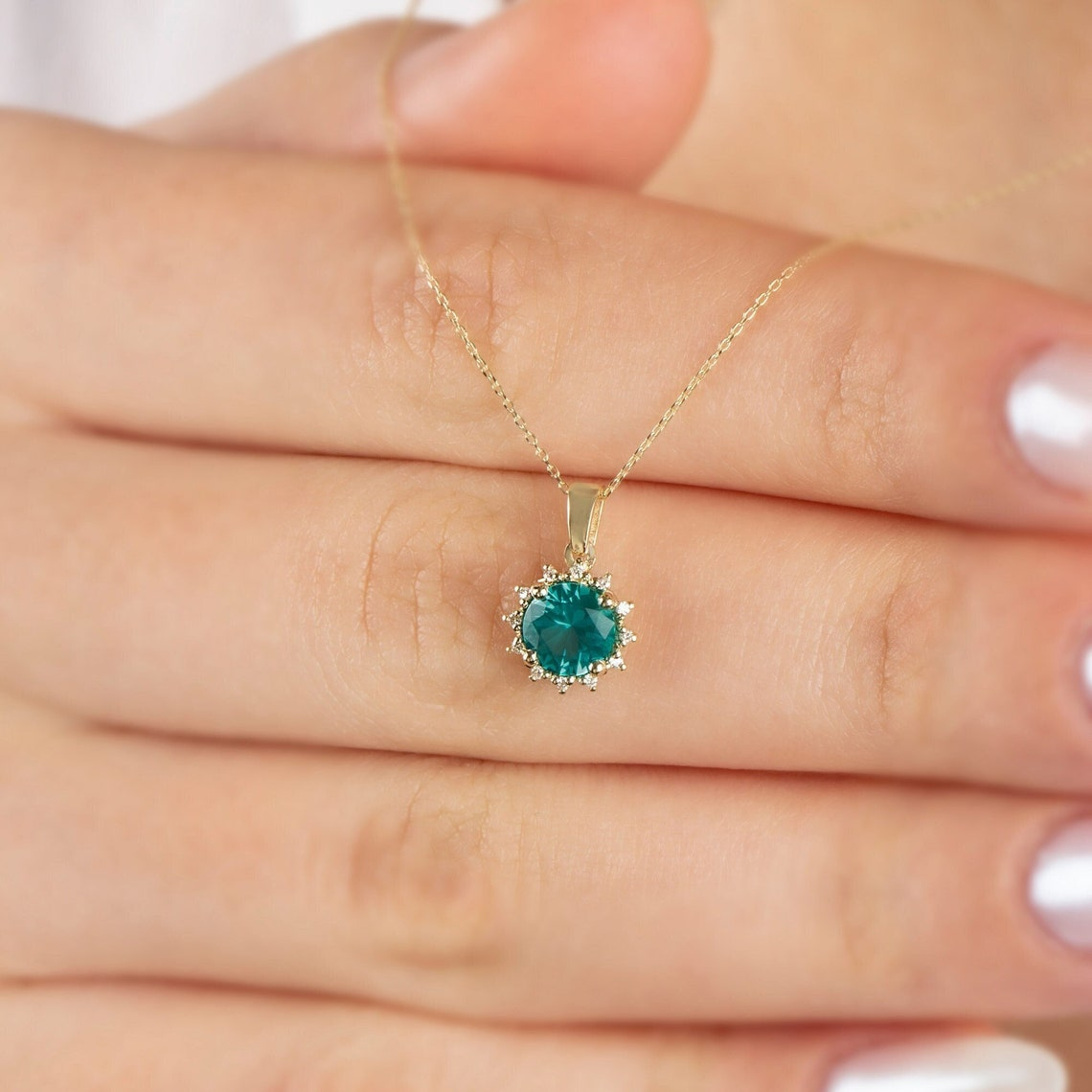 Round Aqua Green Necklace with Real Diamonds, 8K/10K/14K Solid Gold