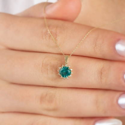 Round Aqua Green Necklace with Real Diamonds, 8K/10K/14K Solid Gold