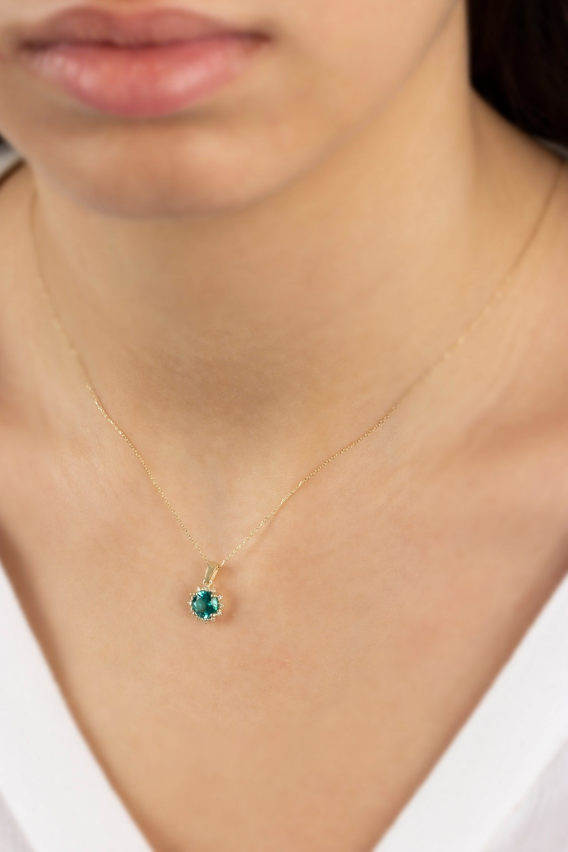 Round Aqua Green Necklace with Real Diamonds, 8K/10K/14K Solid Gold