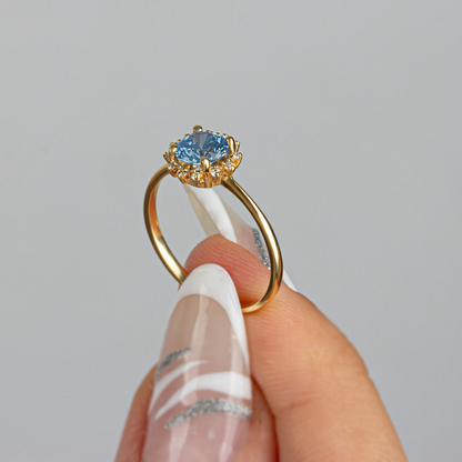 Round Aquamarine Ring with Real Diamond Around 14K Solid Gold, March Birthstone