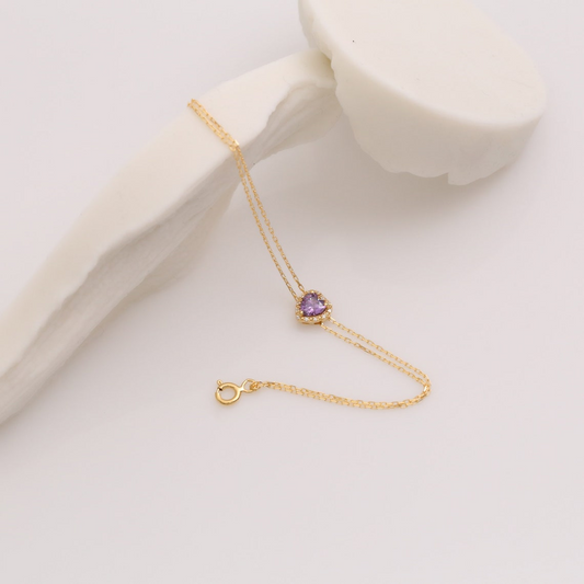 Amethyst Heart Bracelet with Real Diamond, 8K/10K/14K Solid Gold, February Birthstone