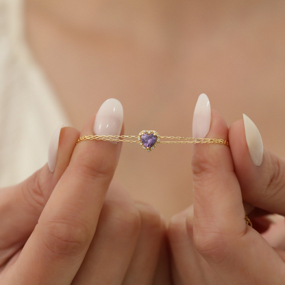 Amethyst Heart Bracelet with Real Diamond, 8K/10K/14K Solid Gold, February Birthstone