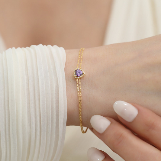 Amethyst Heart Bracelet with Real Diamond, 8K/10K/14K Solid Gold, February Birthstone