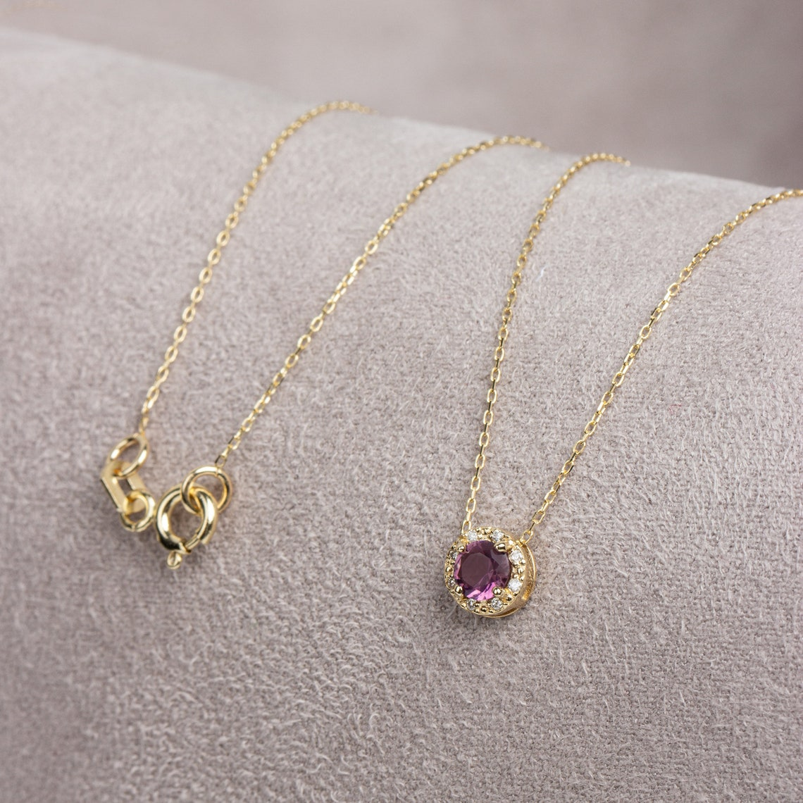 Round Alexandrite Necklace with Real Diamond, 8K/10K/14K Solid Gold June Birthstone