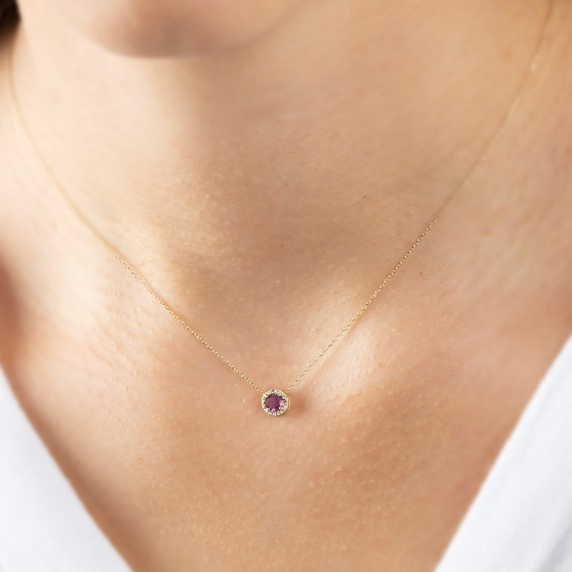 Round Alexandrite Necklace with Real Diamond, 8K/10K/14K Solid Gold June Birthstone