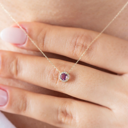 Round Alexandrite Necklace with Real Diamond, 8K/10K/14K Solid Gold June Birthstone