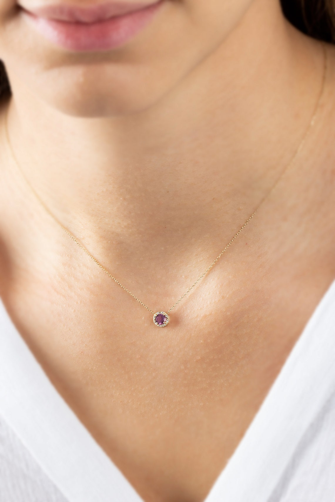 Round Alexandrite Necklace with Real Diamond, 8K/10K/14K Solid Gold June Birthstone