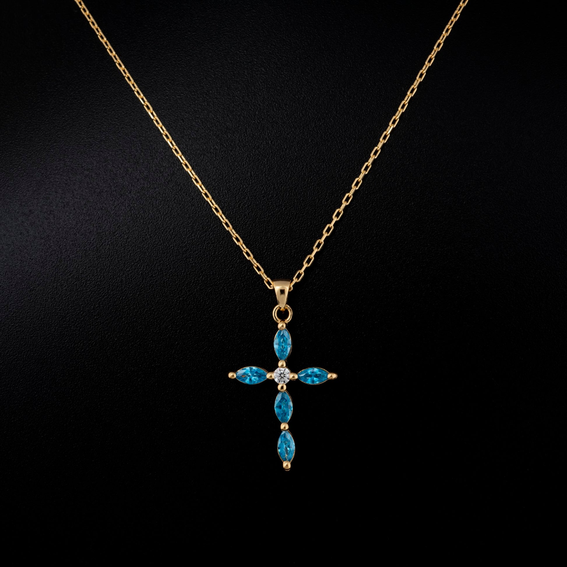 Blue Topaz Single Diamond Marquise Cross Necklace in 14K Solid Gold, December Birthstone Pendant Queen Jewelry Necklace