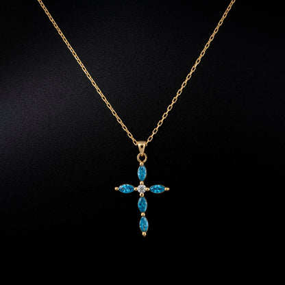 Blue Topaz Single Diamond Marquise Cross Necklace in 14K Solid Gold, December Birthstone Pendant Queen Jewelry Necklace
