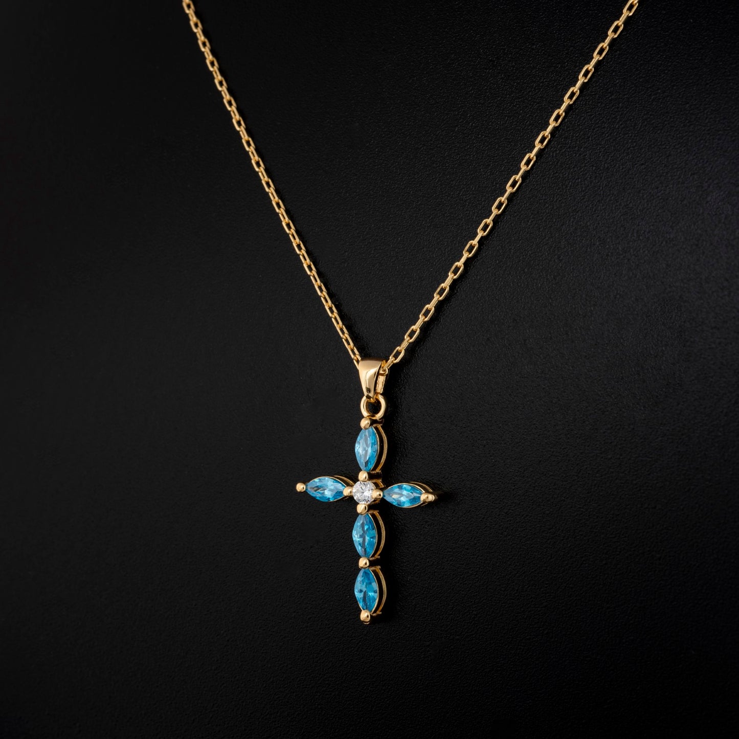Blue Topaz Single Diamond Marquise Cross Necklace in 14K Solid Gold, December Birthstone Pendant Queen Jewelry Necklace