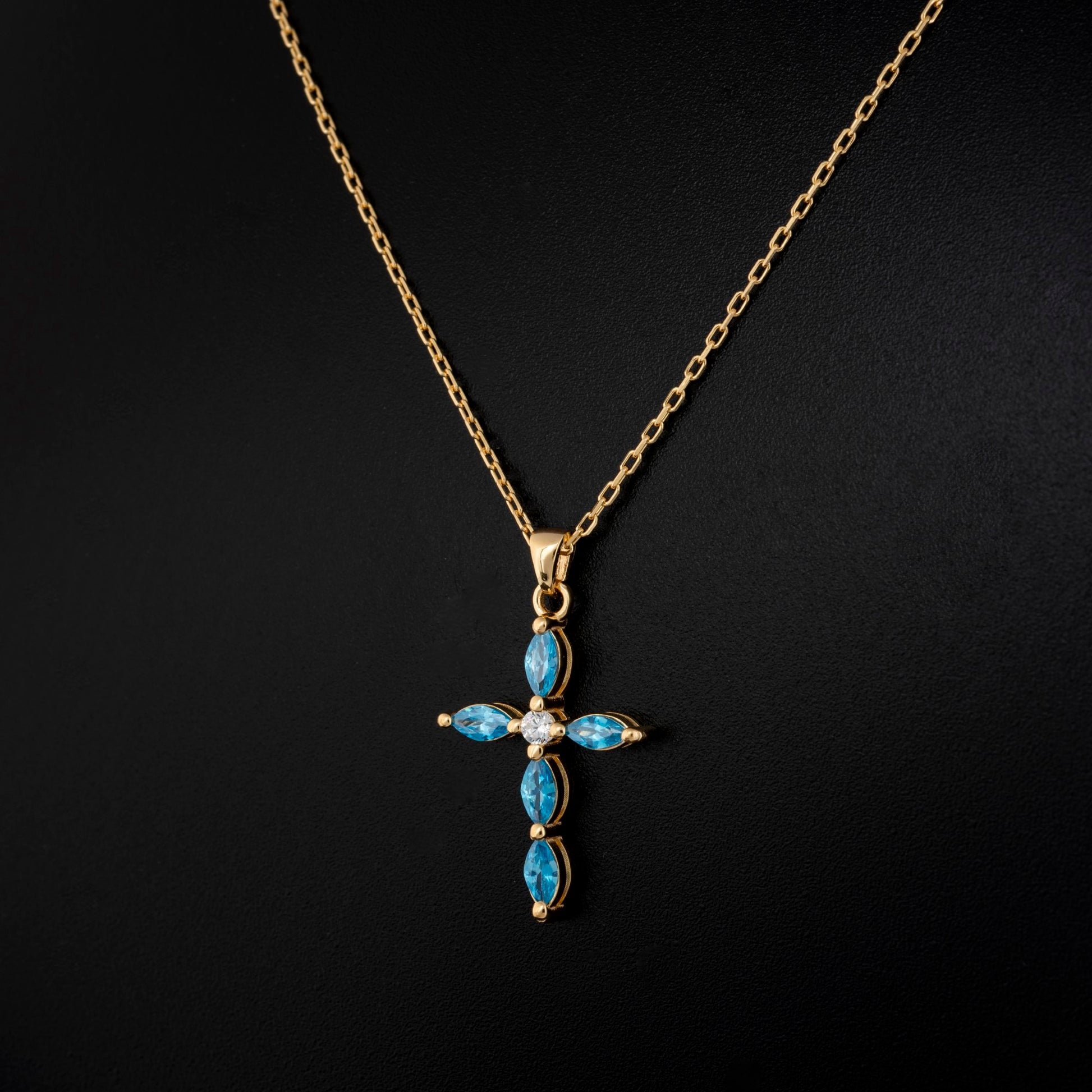 Blue Topaz Single Diamond Marquise Cross Necklace in 14K Solid Gold, December Birthstone Pendant Queen Jewelry Necklace