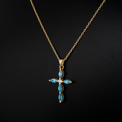Blue Topaz Single Diamond Marquise Cross Necklace in 14K Solid Gold, December Birthstone Pendant Queen Jewelry Necklace