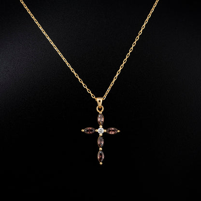 Smoky Quartz Single Diamond Marquise Cross Necklace in 14K Solid Gold, Birthstone Pendant Queen Jewelry Necklace