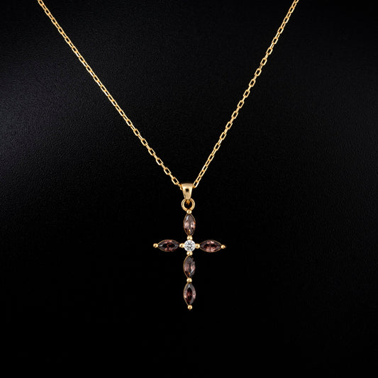 Smoky Quartz Single Diamond Marquise Cross Necklace in 14K Solid Gold, Birthstone Pendant Queen Jewelry Necklace
