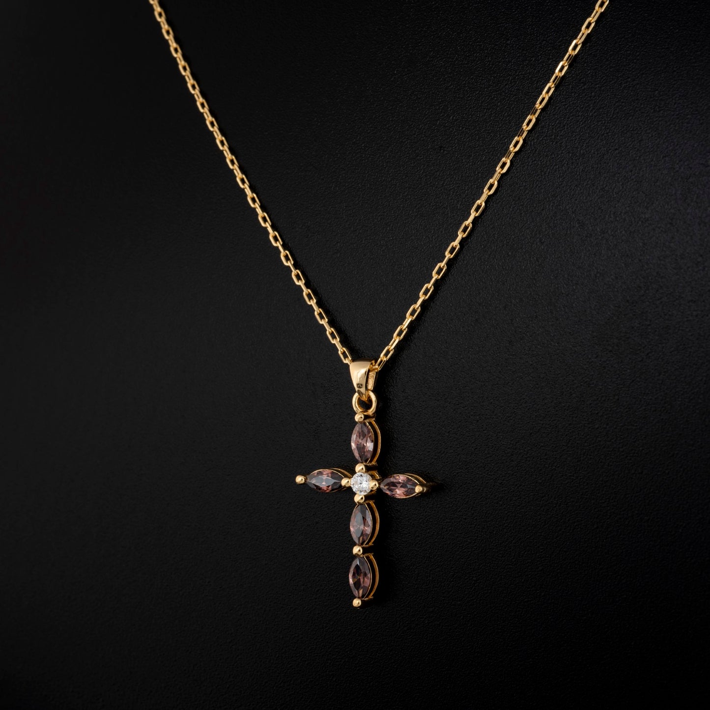 Smoky Quartz Single Diamond Marquise Cross Necklace in 14K Solid Gold, Birthstone Pendant Queen Jewelry Necklace