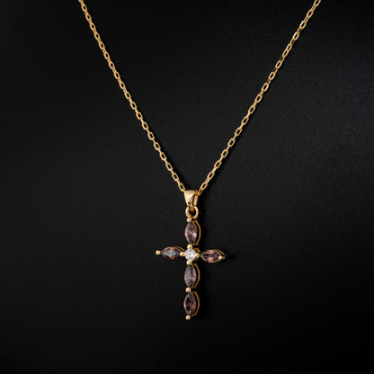 Smoky Quartz Single Diamond Marquise Cross Necklace in 14K Solid Gold, Birthstone Pendant Queen Jewelry Necklace