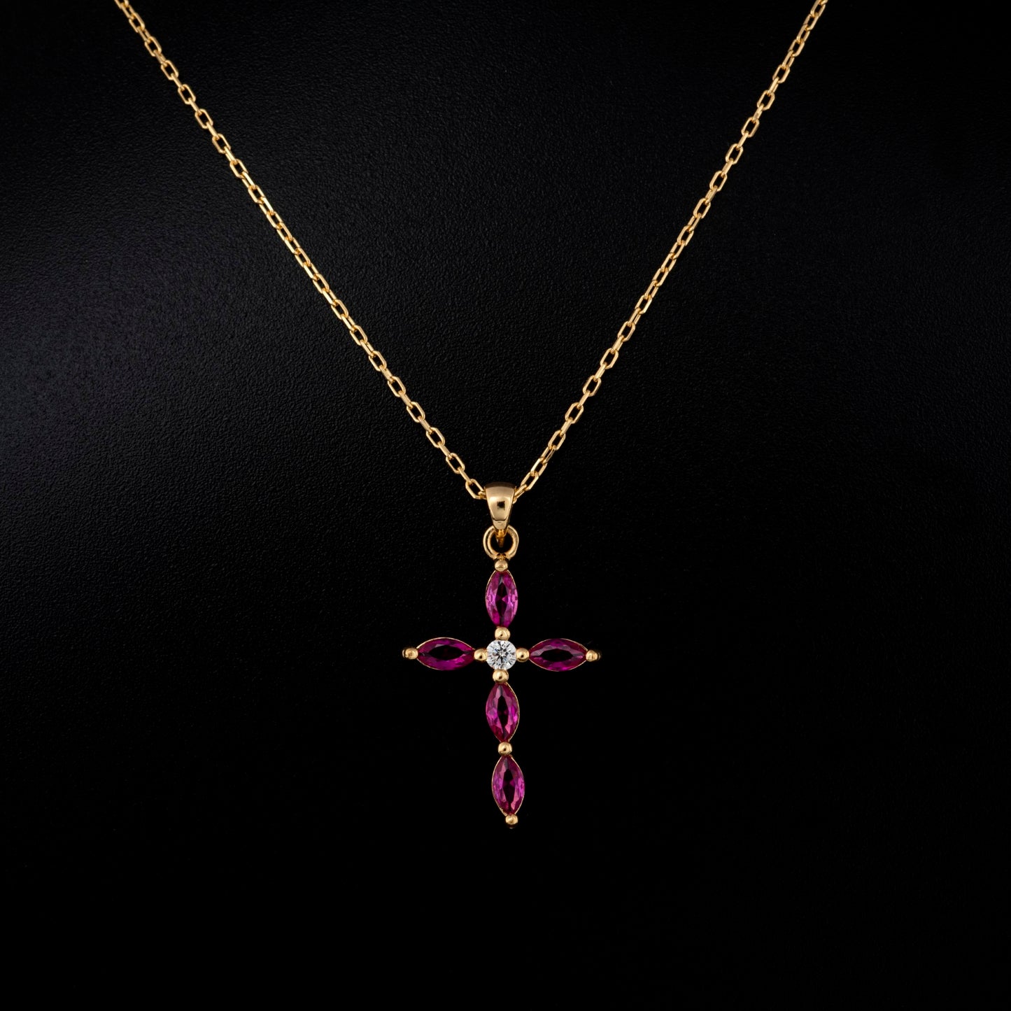Ruby Single Diamond Marquise Cross Necklace in 14K Solid Gold, July Birthstone Pendant Queen Jewelry Necklace
