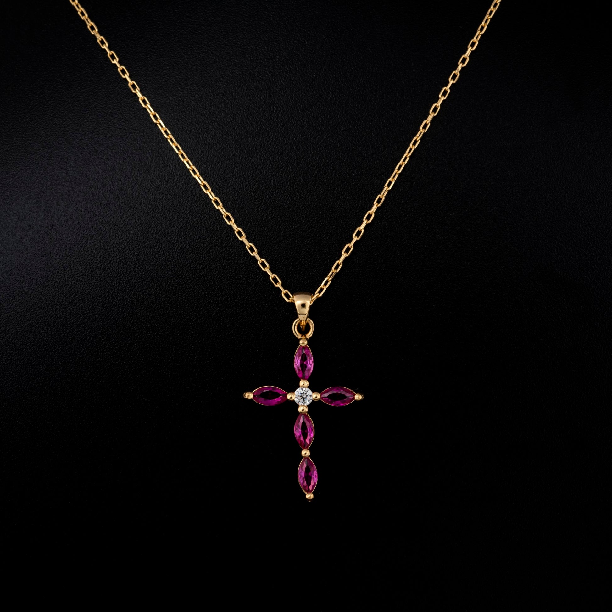 Ruby Single Diamond Marquise Cross Necklace in 14K Solid Gold, July Birthstone Pendant Queen Jewelry Necklace
