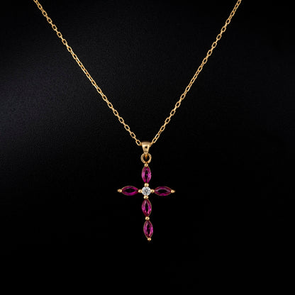 Ruby Single Diamond Marquise Cross Necklace in 14K Solid Gold, July Birthstone Pendant Queen Jewelry Necklace