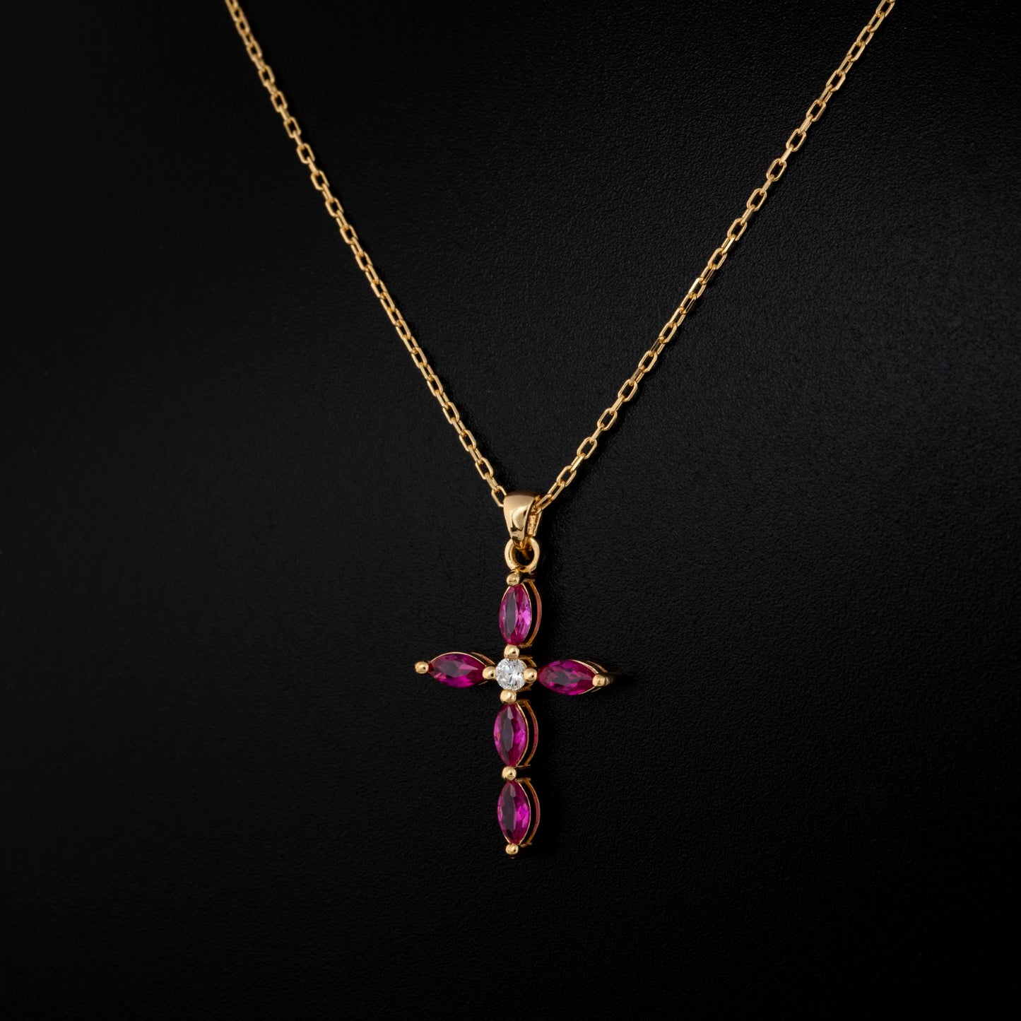 Ruby Single Diamond Marquise Cross Necklace in 14K Solid Gold, July Birthstone Pendant Queen Jewelry Necklace