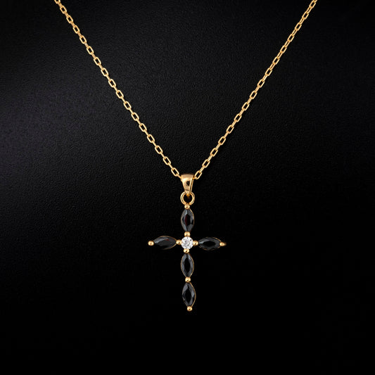 Black Onyx Single Diamond Marquise Cross Necklace in 14K Solid Gold, Birthstone Pendant Queen Jewelry Necklace