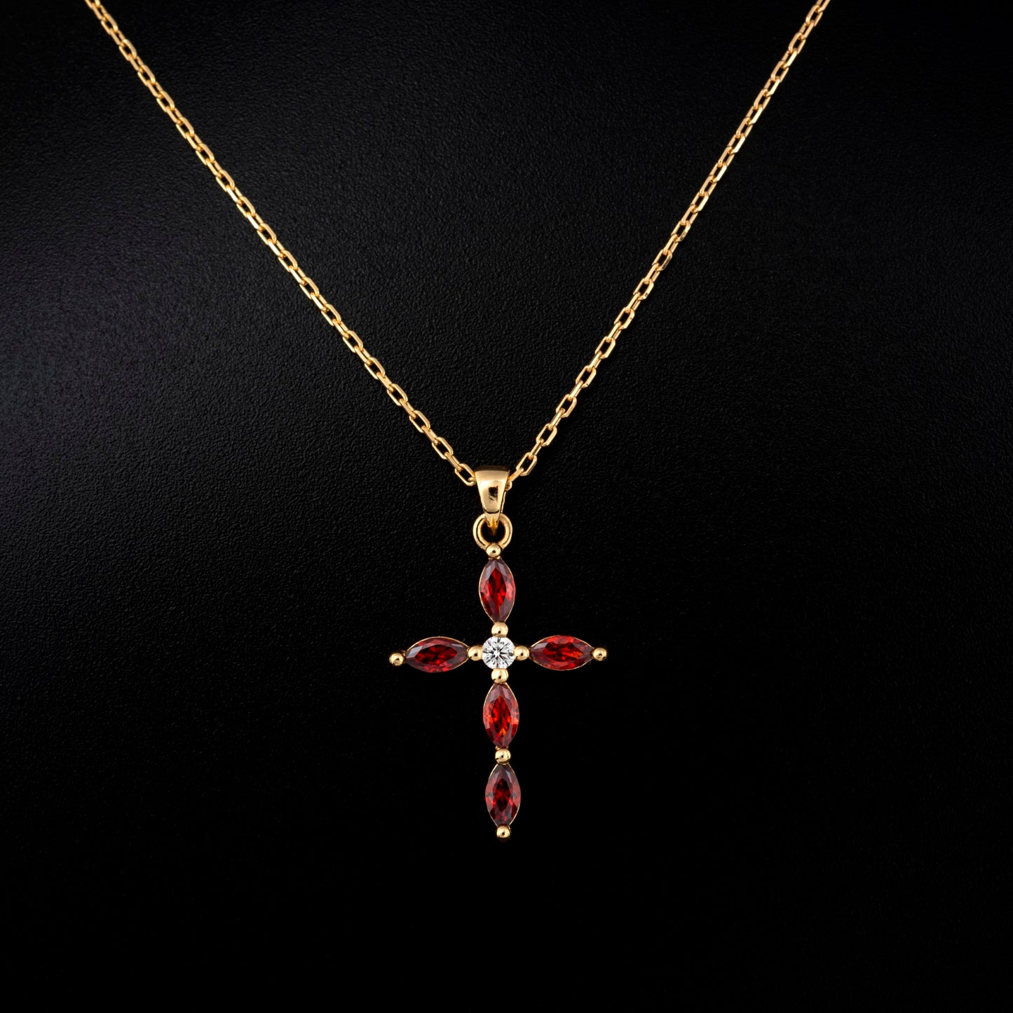 Garnet Single Diamond Marquise Cross Necklace in 14K Solid Gold, January Birthstone Pendant Queen Jewelry Necklace