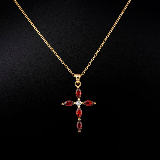 Garnet Single Diamond Marquise Cross Necklace in 14K Solid Gold, January Birthstone Pendant Queen Jewelry Necklace