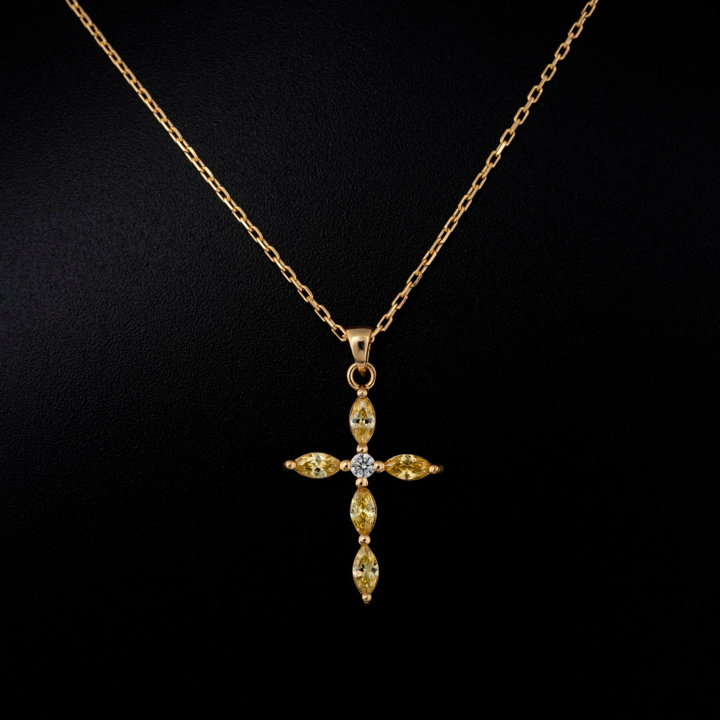 Yellow Topaz Single Diamond Marquise Cross Necklace in 14K Solid Gold, Birthstone Pendant Queen Jewelry Necklace
