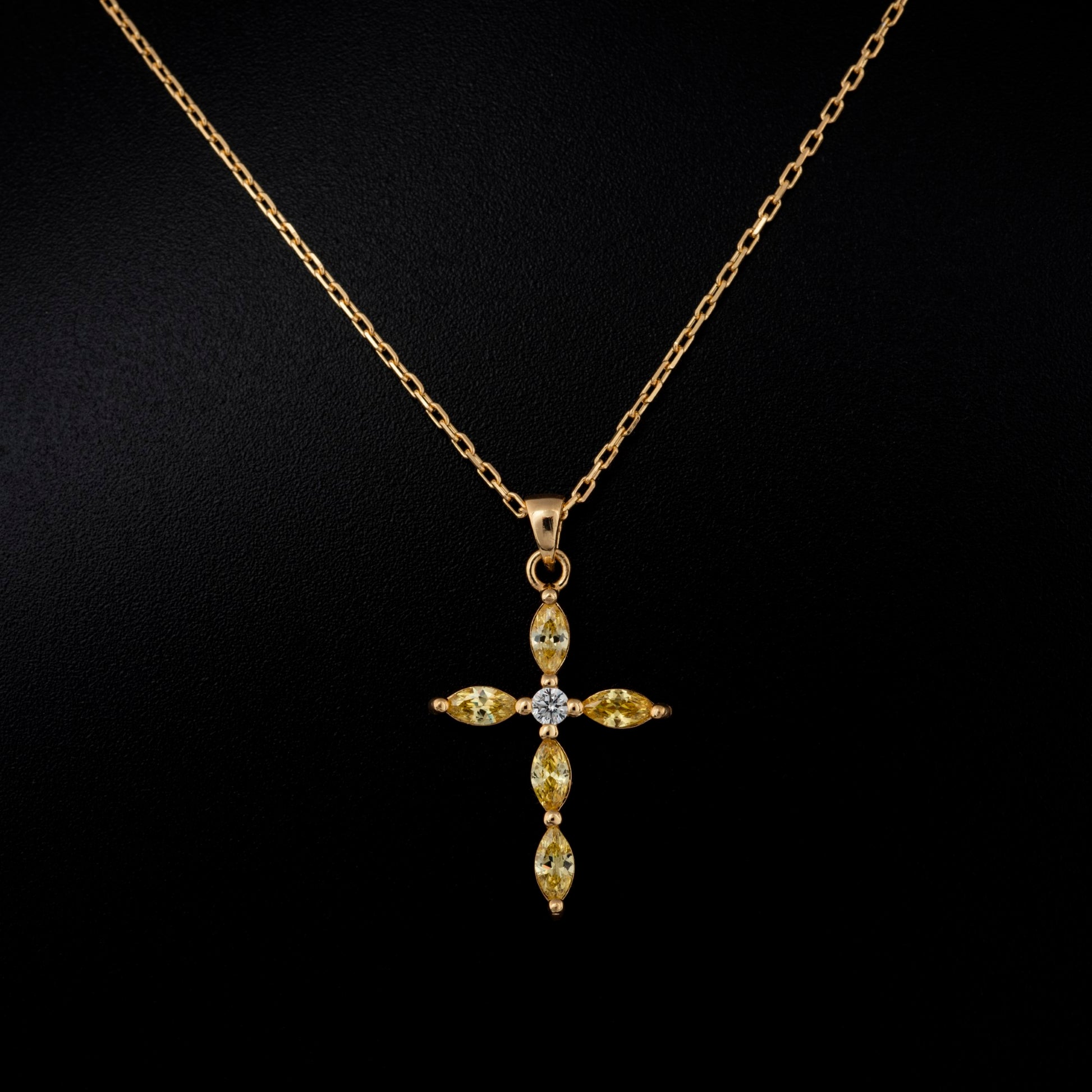 Yellow Topaz Single Diamond Marquise Cross Necklace in 14K Solid Gold, Birthstone Pendant Queen Jewelry Necklace