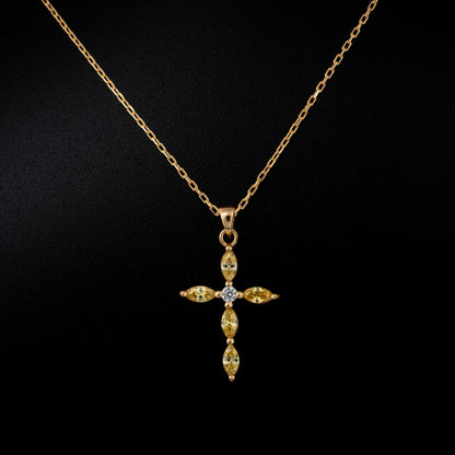 Yellow Topaz Single Diamond Marquise Cross Necklace in 14K Solid Gold, Birthstone Pendant Queen Jewelry Necklace