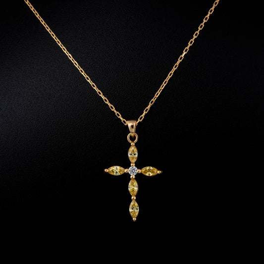 Yellow Topaz Single Diamond Marquise Cross Necklace in 14K Solid Gold, Birthstone Pendant Queen Jewelry Necklace