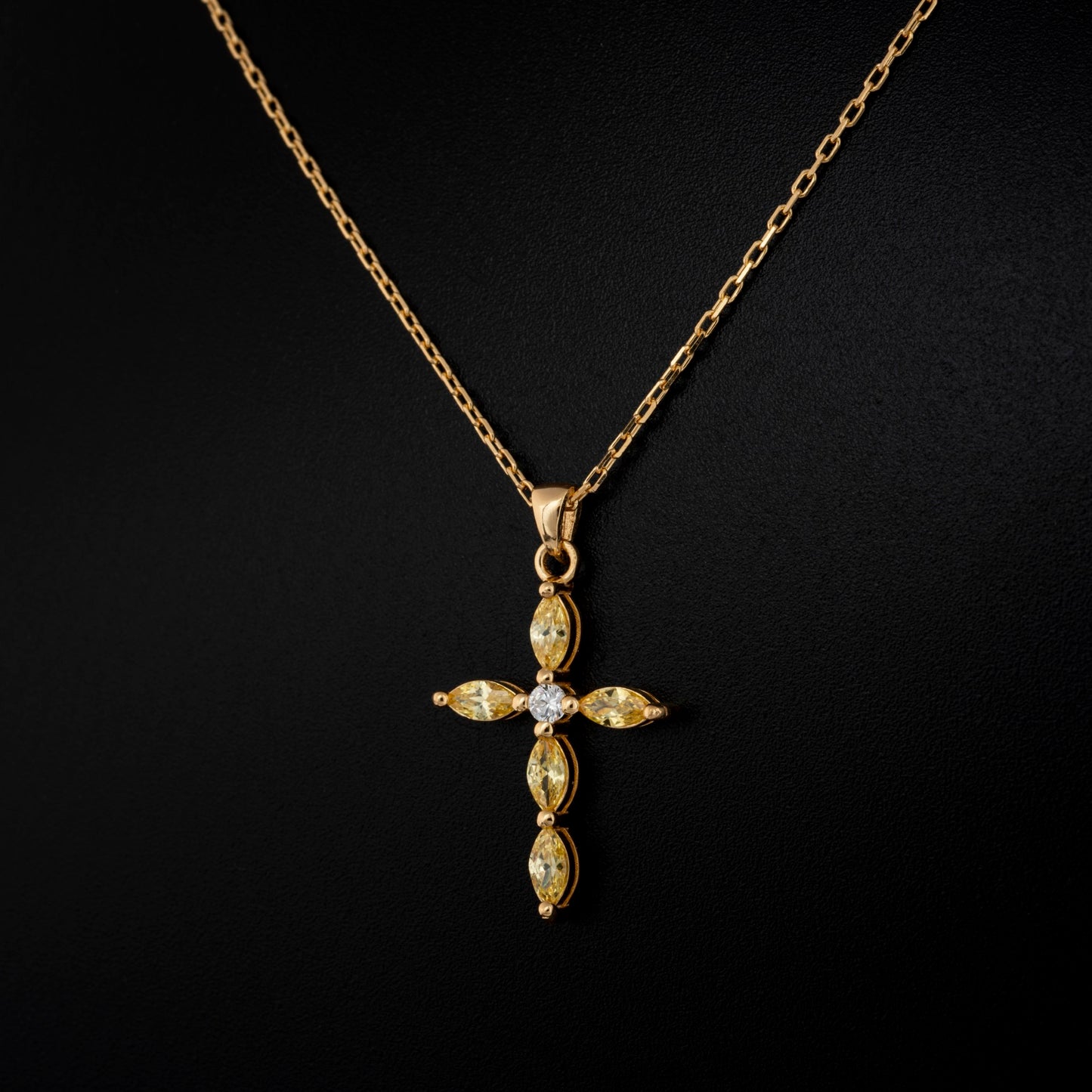 Yellow Topaz Single Diamond Marquise Cross Necklace in 14K Solid Gold, Birthstone Pendant Queen Jewelry Necklace