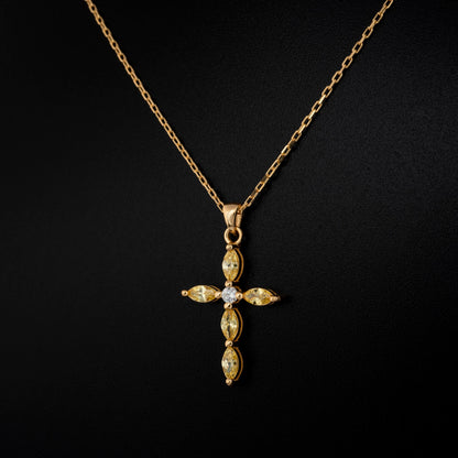 Yellow Topaz Single Diamond Marquise Cross Necklace in 14K Solid Gold, Birthstone Pendant Queen Jewelry Necklace