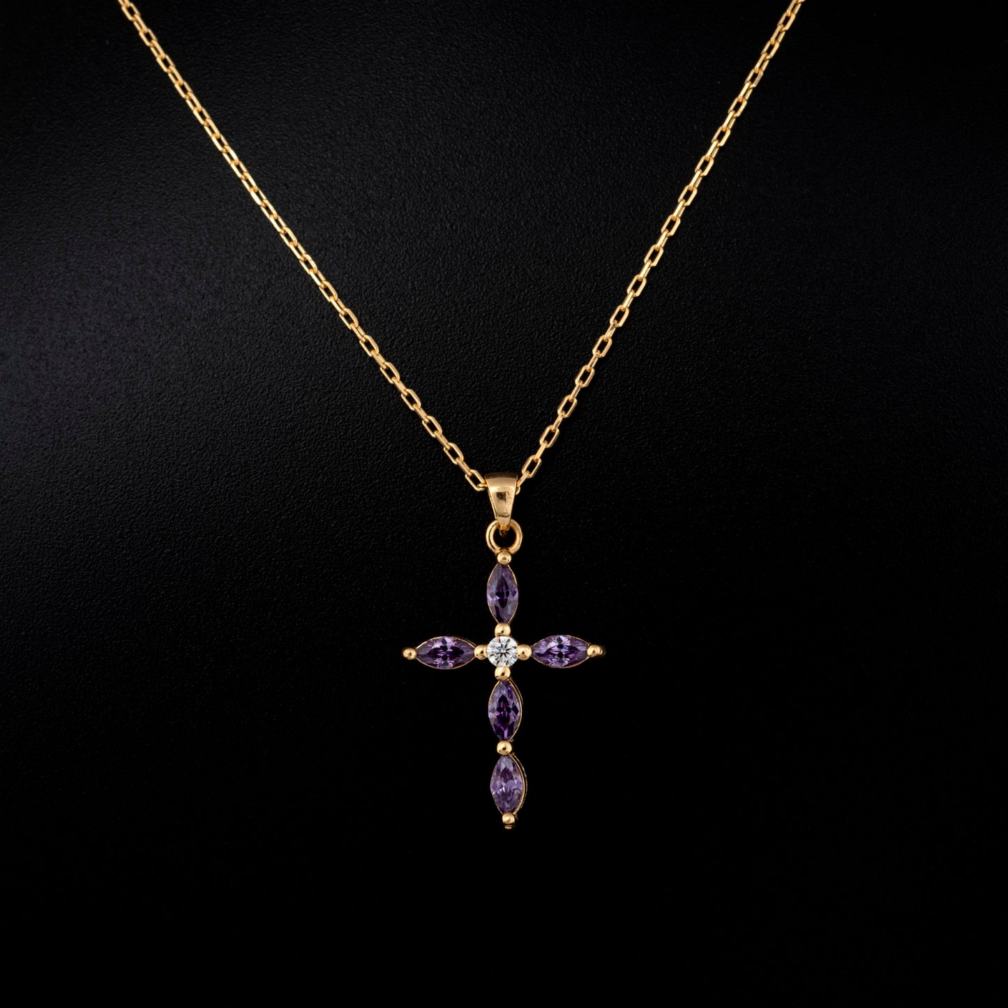 Amethyst Single Diamond Marquise Cross Necklace in 14K Solid Gold, February Birthstone Pendant Queen Jewelry Necklace