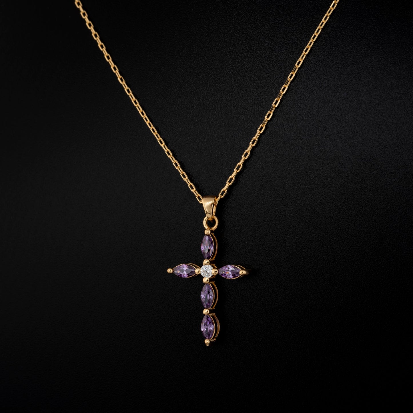 Amethyst Single Diamond Marquise Cross Necklace in 14K Solid Gold, February Birthstone Pendant Queen Jewelry Necklace