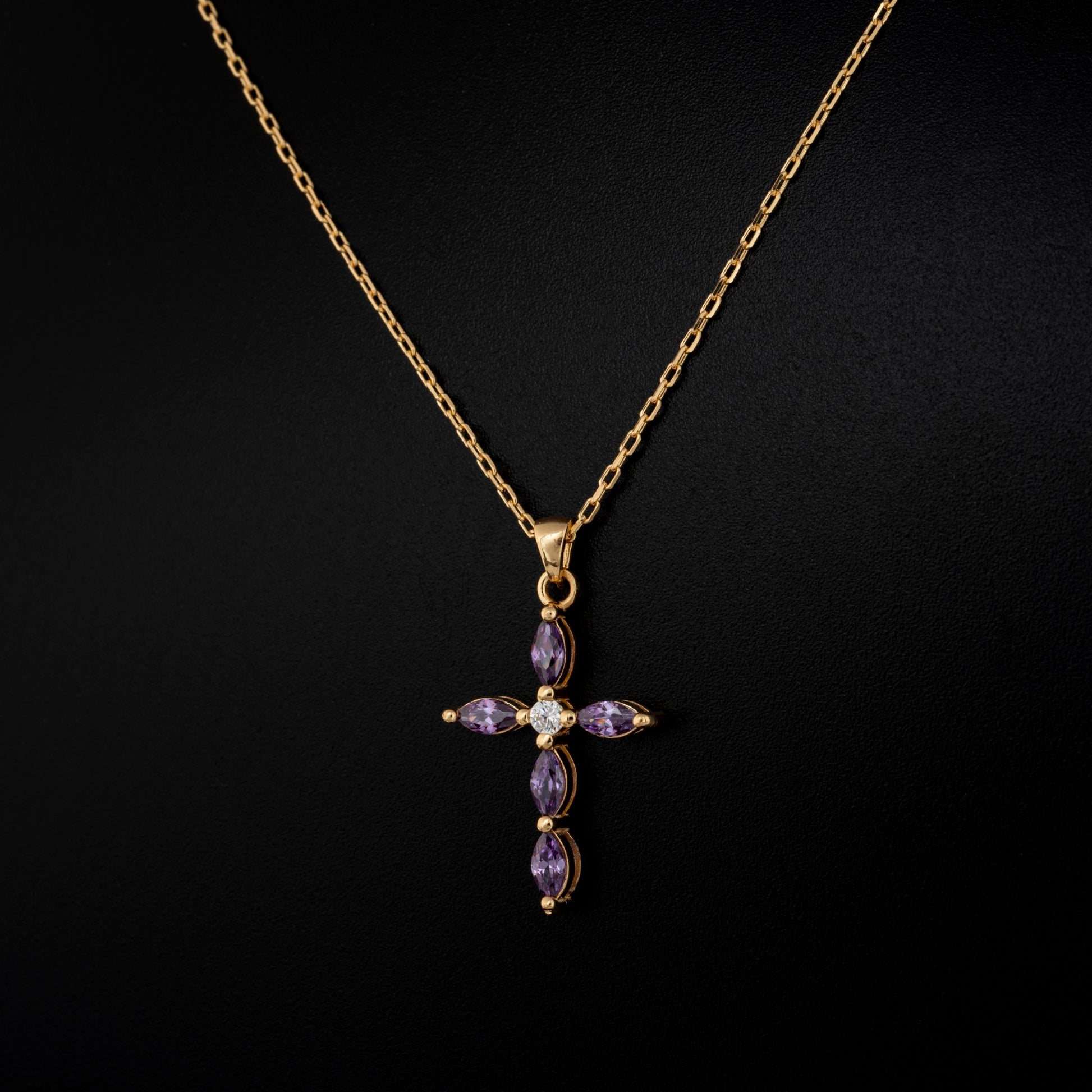 Amethyst Single Diamond Marquise Cross Necklace in 14K Solid Gold, February Birthstone Pendant Queen Jewelry Necklace