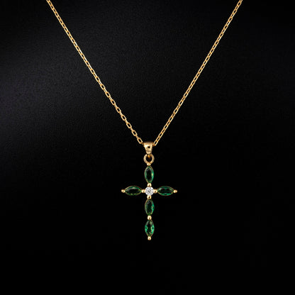 Emerald Single Diamond Marquise Cross Necklace in 14K Solid Gold, May Birthstone Pendant Queen Jewelry Necklace