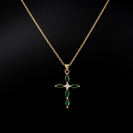 Emerald Single Diamond Marquise Cross Necklace in 14K Solid Gold, May Birthstone Pendant Queen Jewelry Necklace